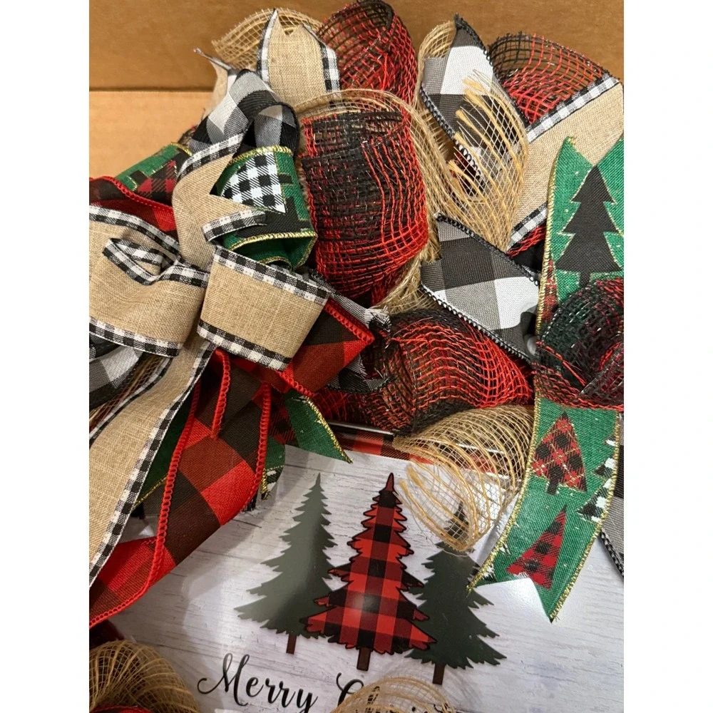 Handmade Christmas Deco Mesh Wreath Merry Christmas Buffalo Plaid Rustic Decor